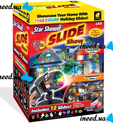 Новорічний вуличний лазерний проектор Star Slide Show зі знімними картриджами для вулиці і вдома Новорічна Вулична лазерна підсвітка 12 слайдів