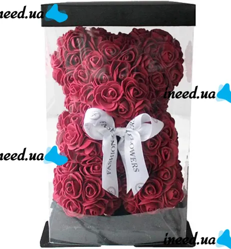 Маленький мишка из искусственных 3D роз Teddy Bear de Luxe 25 см Burgundy, бордовый медведь Тедди