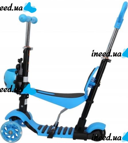 Tricycle Children's Running Scooter Scooter FYS-2864 Blue 5 in 1 with Folding Seat, Parent Handle and Luminous Wheels for Children Blue