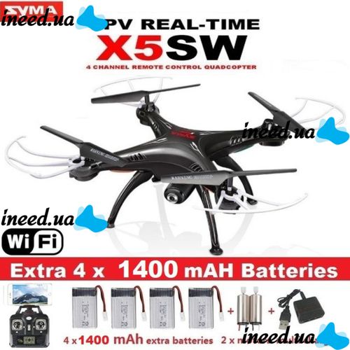Radio-controlled quadcopter Syma X5SW-1 Black,White HD+ FPV with HD WI-FI camera on the remote control