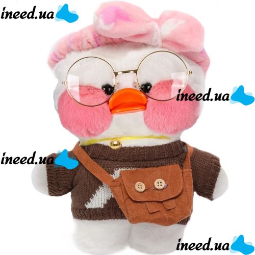 М'яка іграшка Huada Toys качечка в окулярах Lalafanfan 35 см, плюшева качка в одязі Cafe mimi duck Лалафанфан Біла