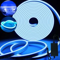 Світлодіодна силіконова стрічка Led Neon 0740 синя 5 м неонова гнучка підсвітка в силіконі з блоком живлення від мережі 3000К IP65 12v-220v Blue