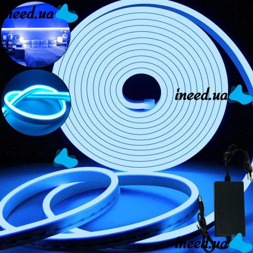 Світлодіодна силіконова стрічка Led Neon 0740 синя 5 м неонова гнучка підсвітка в силіконі з блоком живлення від мережі 3000К IP65 12v-220v Blue