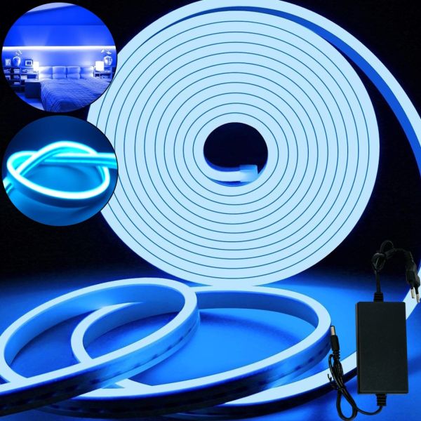 Светодиодная силиконовая лента Led Neon 0740 Синяя 5 м неоновая гибкая подсветка в силиконе с блоком питания от сети 3000К IP65 12V-220V Blue