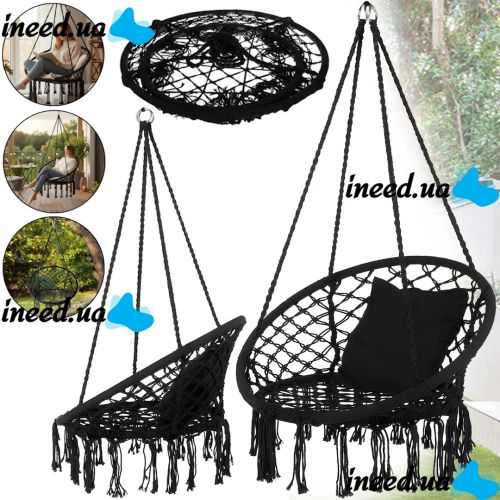 Підвісне крісло-гойдалка Outtec Boho XXL O-66487 120x80x60 см плетена садова гойдалка, бразильський гамак для дому та тераси до 150 кг Чорний