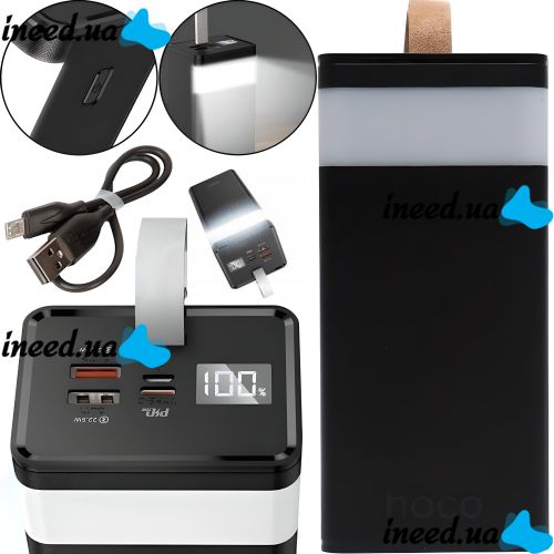 External Battery with Fast Charging Power Bank Hoco J86 40000mAh 22.5W, Portable Battery Powerbank Hoco 18W with Flashlight and Strap Black