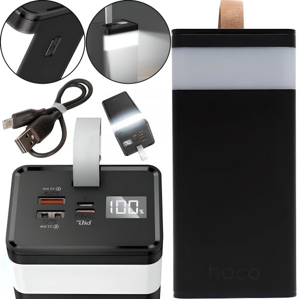 Внешний аккумулятор с быстрой зарядкой Power Bank Hoco J89A 60000mAh 22.5W, Портативная батарея повербанк Хоко 18W с фонариком и ремешком Черный