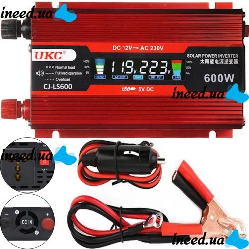 Автомобільний інвертор UKC AC/DC 12V-220V 600W CJ-LS600 авто перетворювач напруги струму з LCD дисплеєм від прикурювача, акумулятора з екраном