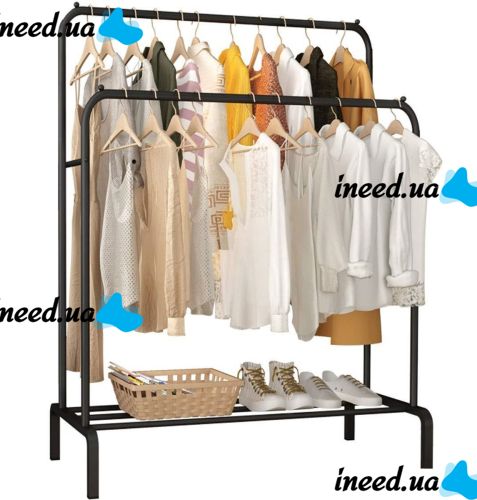 Подвійна стійка вішалка Double Floor Hanger 162х130 см для одягу і полицею для взуття, підлогова стійка-вішалка зі штангою на ніжках до 30 кг чорна