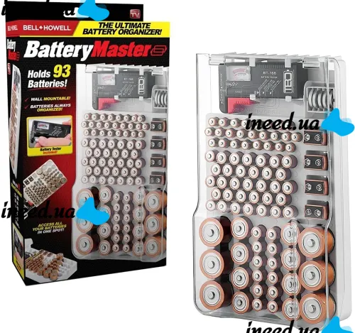 Organizer storage case for batteries and accumulators Battery Master AND584 with tester BT-168 for 93 pcs, Plastic case box with hinged lid