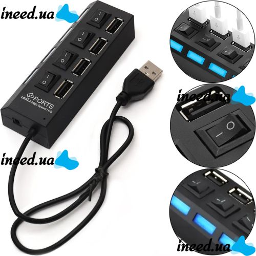 USB хаб Memos на 4 порти з перемикачами Black, живлення від USB 2.0 розгалужувач з кнопками on off концентратор перехідник HUB 480 Мбіт 5В Чорний