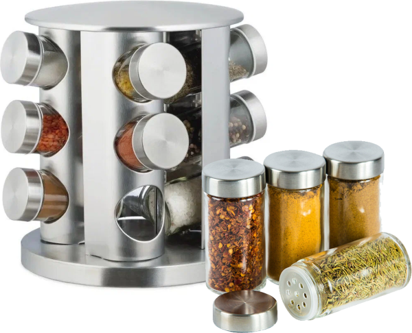 Spice Carousel R62-12 Spice carousel with 12 compartments on a rotating stand. Steel set, stand, spice jars for 12 containers