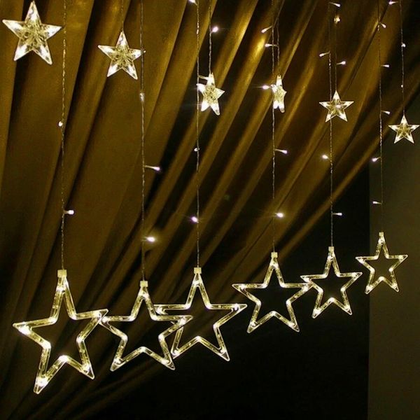 Inner Garland Curtain Stars Star Style Warm White 2.5X1 m 138 LED Diodes WW, LED Garland Curtain 12 Stars for Window 2.5mx1m 220V