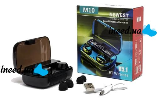 Беспроводные Bluetooth наушники Newest M10 с led дисплеем и индикатором заряда Black Черные сенсорные с экраном TWS М10 c powerbank Earbuds