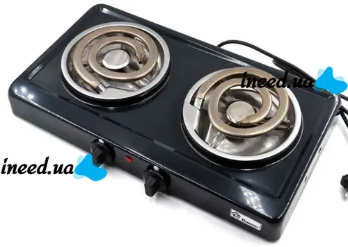 Настольная спиральная электрическая плита на две конфорки Domotec MS-5532 1000W, Двухконфорочная электроплита с широкой спиралью и термостатом Черный