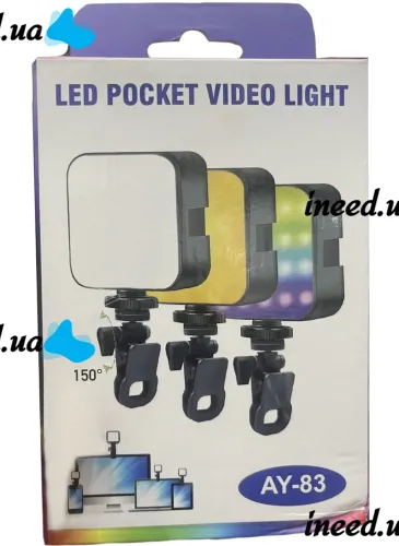 Акумуляторний накамерний відеосвітло Світлодіодна лампа RGB Lamp AY-83 з прищіпкою для телефону фото і відеозйомки, студійний Led світло з різьбленням 1/4