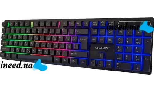 USB дротова геймерська комп'ютерна клавіатура Landslides KR - 6300 з RGB Led підсвічуванням ATLANFA AT-6300, повнорозмірна мембранна Чорна