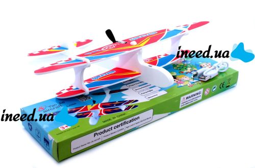 The Airkraft propellant foam airplane glider with a rechargeable electric motor is charged from microUSB