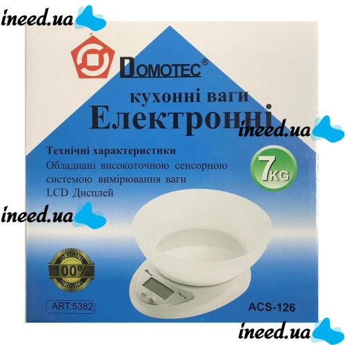 Електронні кухонні ваги Domotec MS - 126 з чашею до 7 кг ACS-126 / Matarix MX-407, кулінарні ваги Домотек для продуктів на батарейках білі