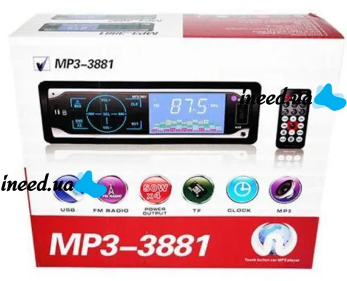 Universal car radio 1DIN ISO Pioneer MP3-3881 with touch buttons and remote control, Touch radio player in the car with USB and SD