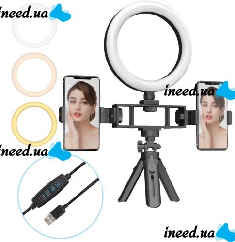 Кольцевая USB LED лампа Bracket Fill Light Live K315 16см 6" со штативом и двумя держателями настольная светодиодная Multi-Position Ring Broadcasting