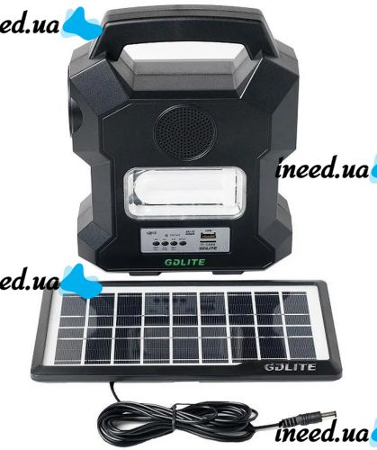 Автономная солнечная станция GDlite GD-1000A зарядная система Power Bank, Фонарь и 4 LED лампочки с функцией повербанка и радио для кемпинга Черная