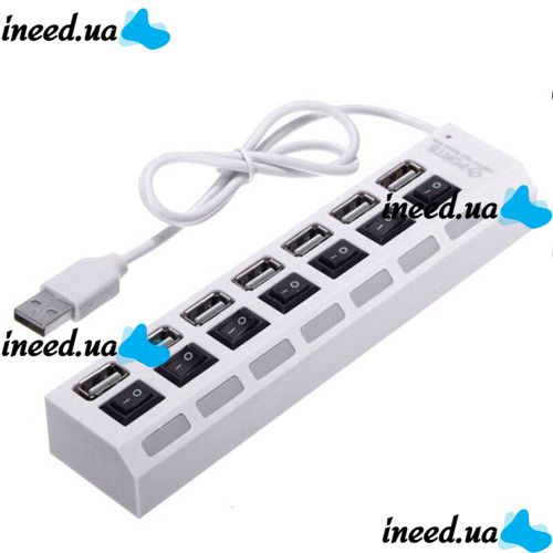 USB хаб Memos 7SW на 7 портів USB 2.0 White, розгалужувач із кнопками on off HUB білий