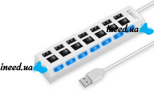 USB хаб Memos 7SW на 7 портів USB 2.0 White, розгалужувач із кнопками on off HUB білий