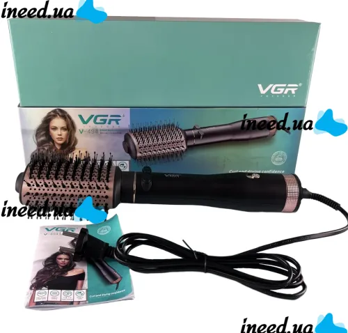 Фен щітка для сушіння волосся VGR V-494 2000W Black випрямляч гребінець браш з насадкою для укладання завивки і випрямлення електрична фен-щітка Чорна