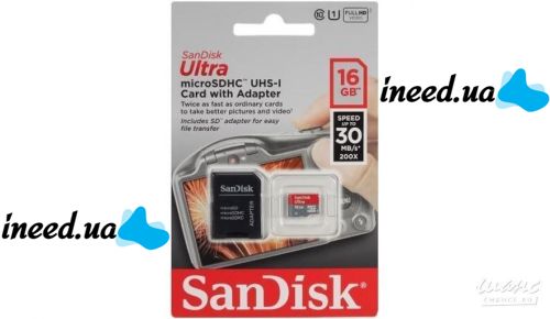 microSD SanDisk Ultra 16GB Class 10 Memory Card with SDHC Adapter SDXC adapter