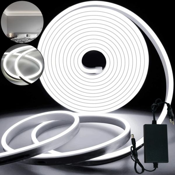 Светодиодная силиконовая лента Led Neon 0719 Белая 5 м неоновая гибкая подсветка в силиконе с блоком питания от сети 3000К IP65 12V-220V White