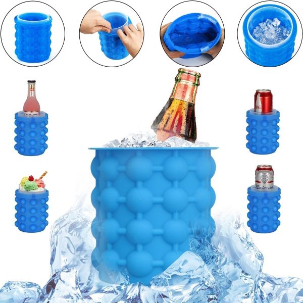Silicone Bucket for Ice Freezing Ice Cube Maker Genie two-chamber mold for making ice storage, cooling drinks in bottles with a lid