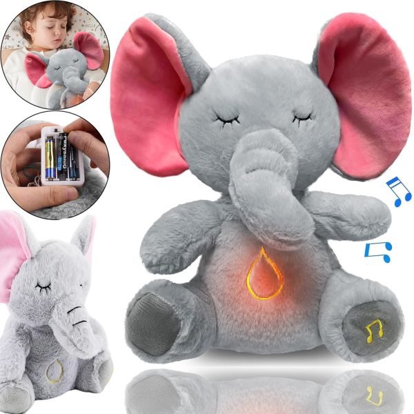 Интерактивная мягкая игрушка дышащий Слоник Elephant для сна новорожденных детей, мягкий музыкальный слон ночник 30 см с дыханием от батареек Серый