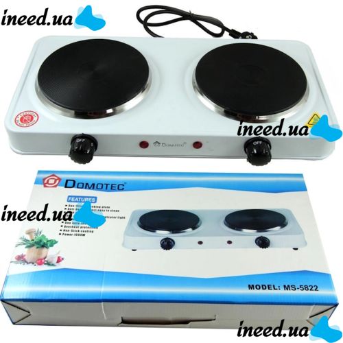 Domotec MS-5822 1000W desktop electric stove with 2 burners disc, Two-burner 1000W electric stove with 5-position thermostat White