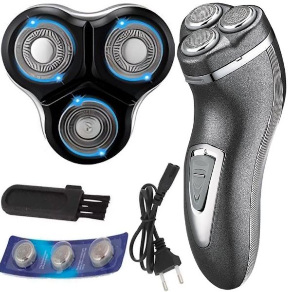 Men's Rechargeable Electric Shaver Gemei GM-7500 with Three Heads for Dry Shaving, Cordless Rotary Razor with Trim for Beard and Mustache