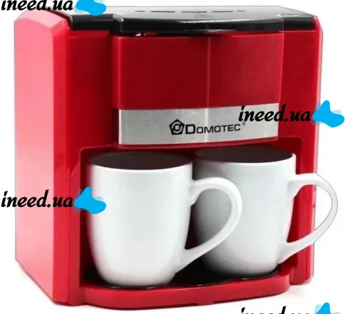Drip coffee maker for two cups Domotec MS-0705 with 2 ceramic cups, Home Electric coffee Machine for tea and coffee 0.3 L 500W Red