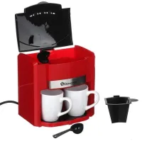 Drip coffee maker for two cups Domotec MS-0705 with 2 ceramic cups, Home Electric coffee Machine for tea and coffee 0.3 L 500W Red