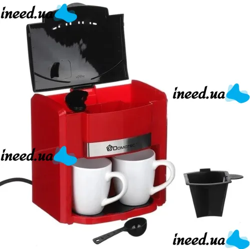 Drip coffee maker for two cups Domotec MS-0705 with 2 ceramic cups, Home Electric coffee Machine for tea and coffee 0.3 L 500W Red