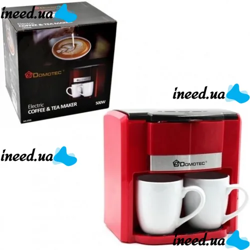 Drip coffee maker for two cups Domotec MS-0705 with 2 ceramic cups, Home Electric coffee Machine for tea and coffee 0.3 L 500W Red