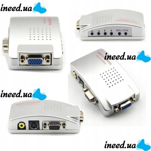 Universal VGA-RCA AV + S-Video TV Converter from VGA to RCA Tulips for connecting from PC to TV.