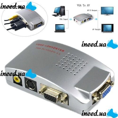 Universal VGA-RCA AV + S-Video TV Converter from VGA to RCA Tulips for connecting from PC to TV.