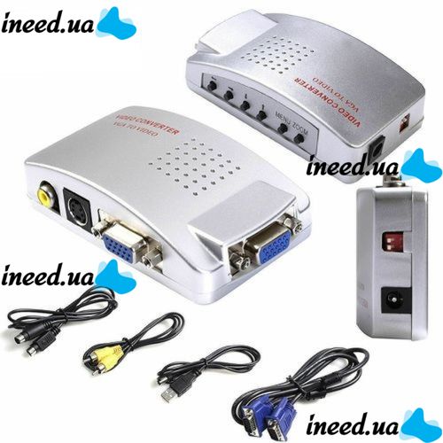 Universal VGA-RCA AV + S-Video TV Converter from VGA to RCA Tulips for connecting from PC to TV.