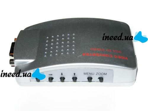 Universal VGA-RCA AV + S-Video TV Converter from VGA to RCA Tulips for connecting from PC to TV.