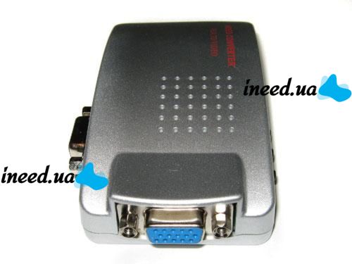 Universal VGA-RCA AV + S-Video TV Converter from VGA to RCA Tulips for connecting from PC to TV.