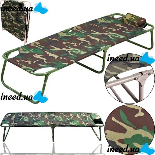 Folding single bed with headrest DSSLU 59 with a load of up to 120 kg, Tourist cot with pillow 190x75x43 cm Camouflage
