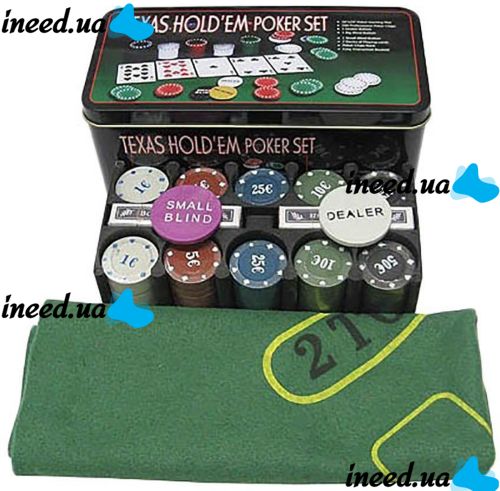 A set for playing poker in a metal package of 200 chips + 2 decks of cards + canvas I3-96 desktop