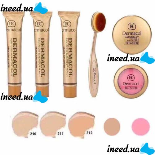 Набір тональних кремів Dermacol Make-up 6 в 1 M809 210, 211, 212 + Кисть щітка, Пудра, Рум'яна