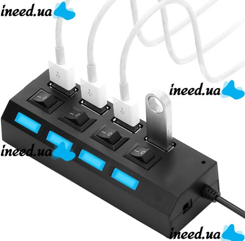USB хаб Memos на 4 порти з перемикачами Black, живлення від USB 2.0 розгалужувач з кнопками on off концентратор перехідник HUB 480 Мбіт 5В Чорний