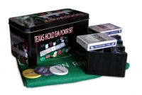 A set for playing poker in a metal package of 200 chips + 2 decks of cards + canvas I3-96 desktop