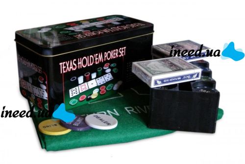 A set for playing poker in a metal package of 200 chips + 2 decks of cards + canvas I3-96 desktop